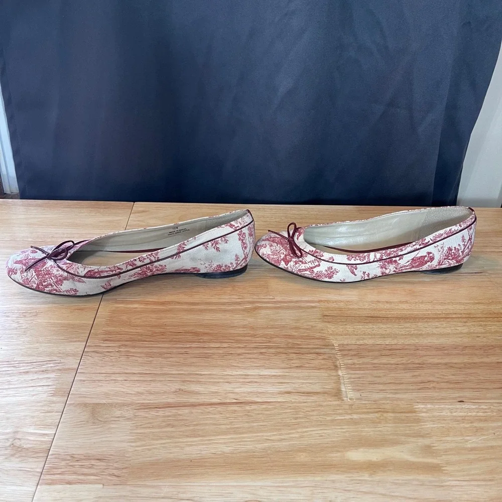 Talbots Red Cream Toile Canvas Ballet Flats Round Toe Bow Shoes Womens 10M